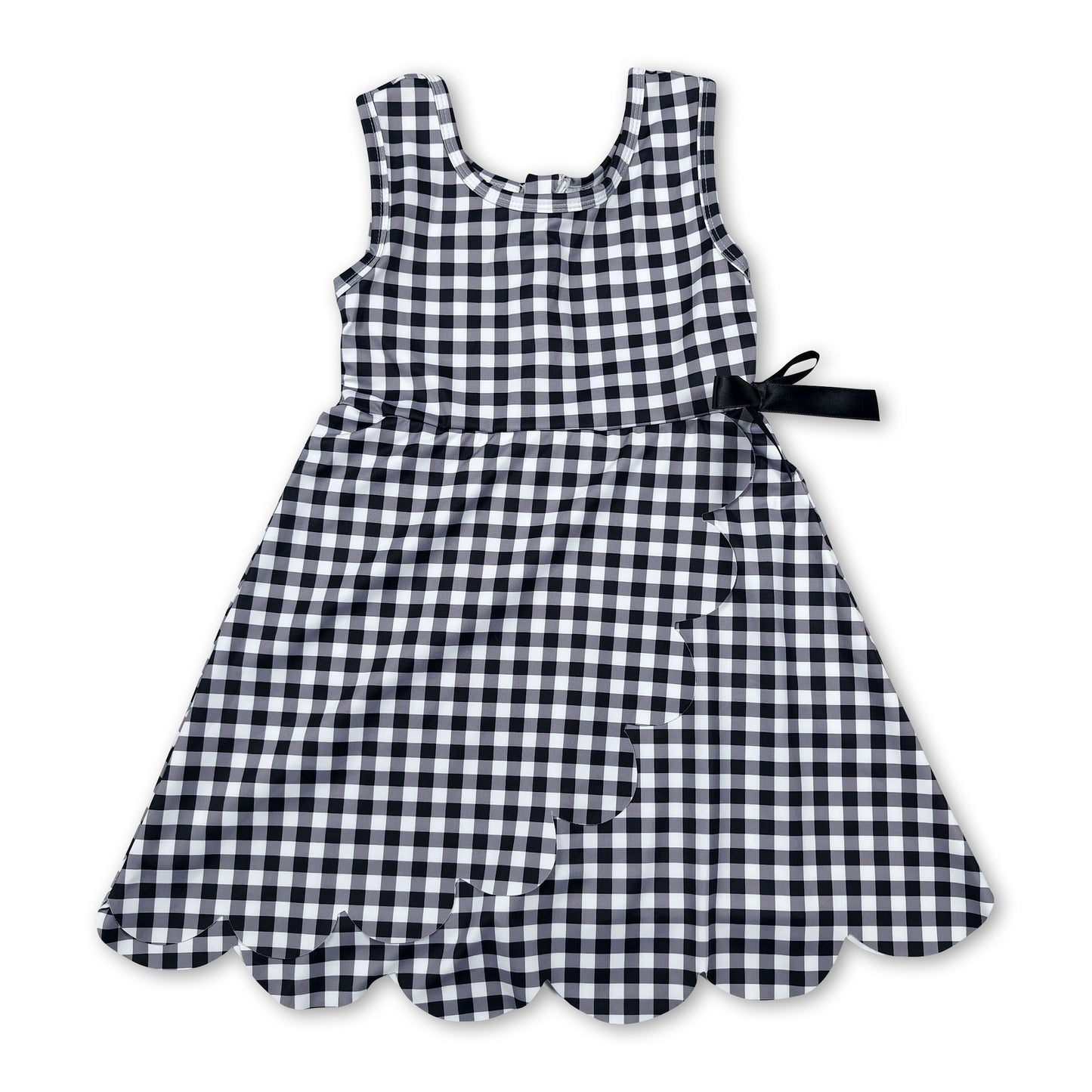 Sleeveless black plaid scallop kids girls athletic dresses