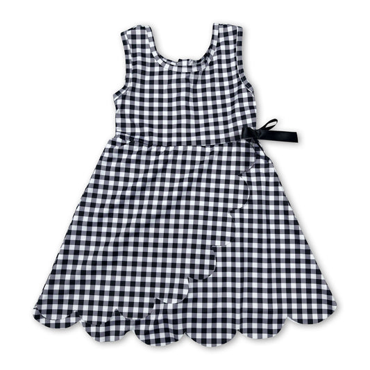 Sleeveless black plaid scallop kids girls athletic dresses