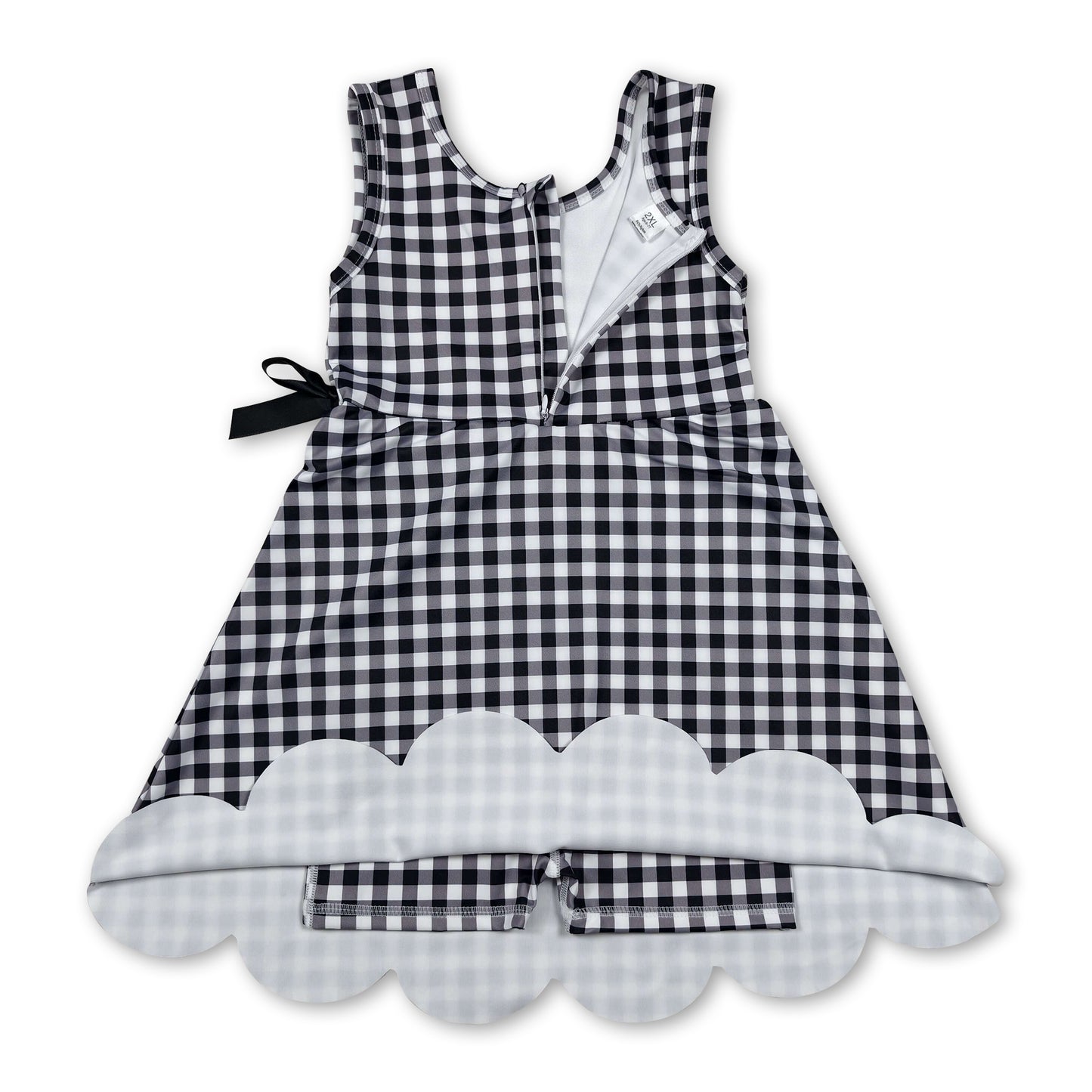 Sleeveless black plaid scallop kids girls athletic dresses