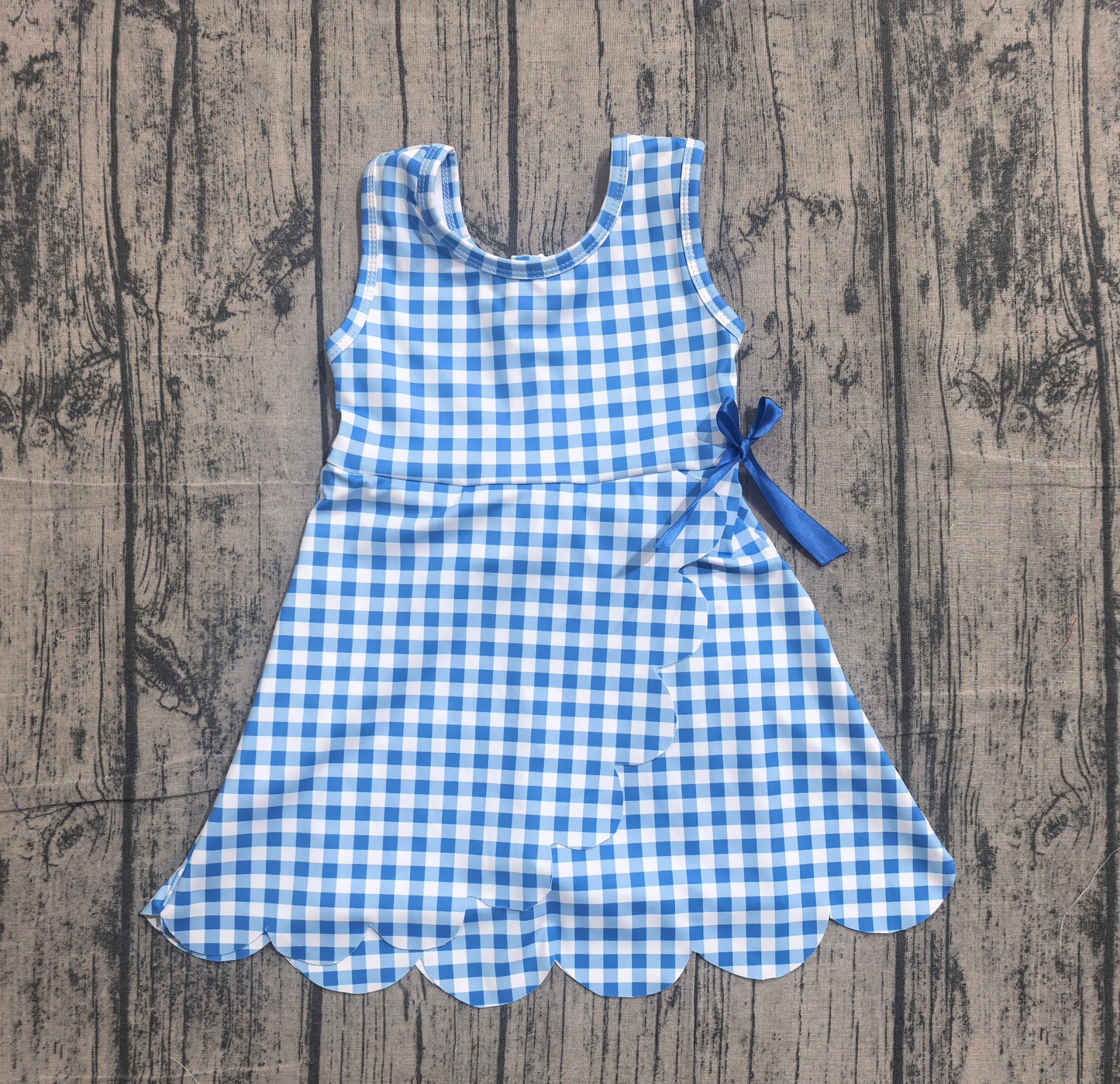 Sleeveless light blue plaid scallop kids girls athletic dresses