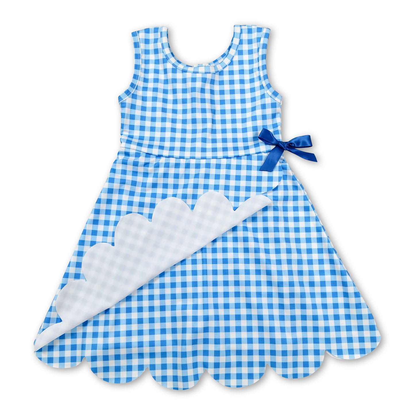 Sleeveless light blue plaid scallop kids girls athletic dresses – Western Kids Clothes