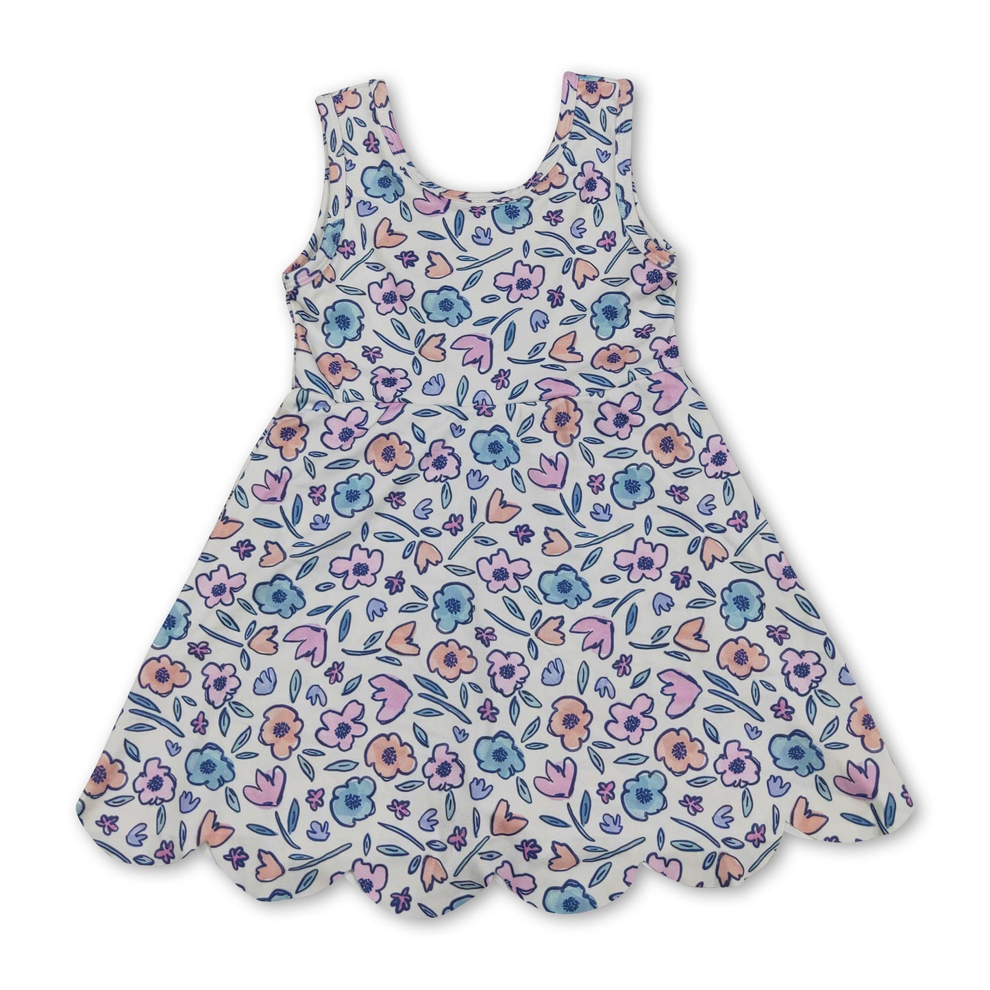 Sleeveless floral scallop kids girls summer athletic dress