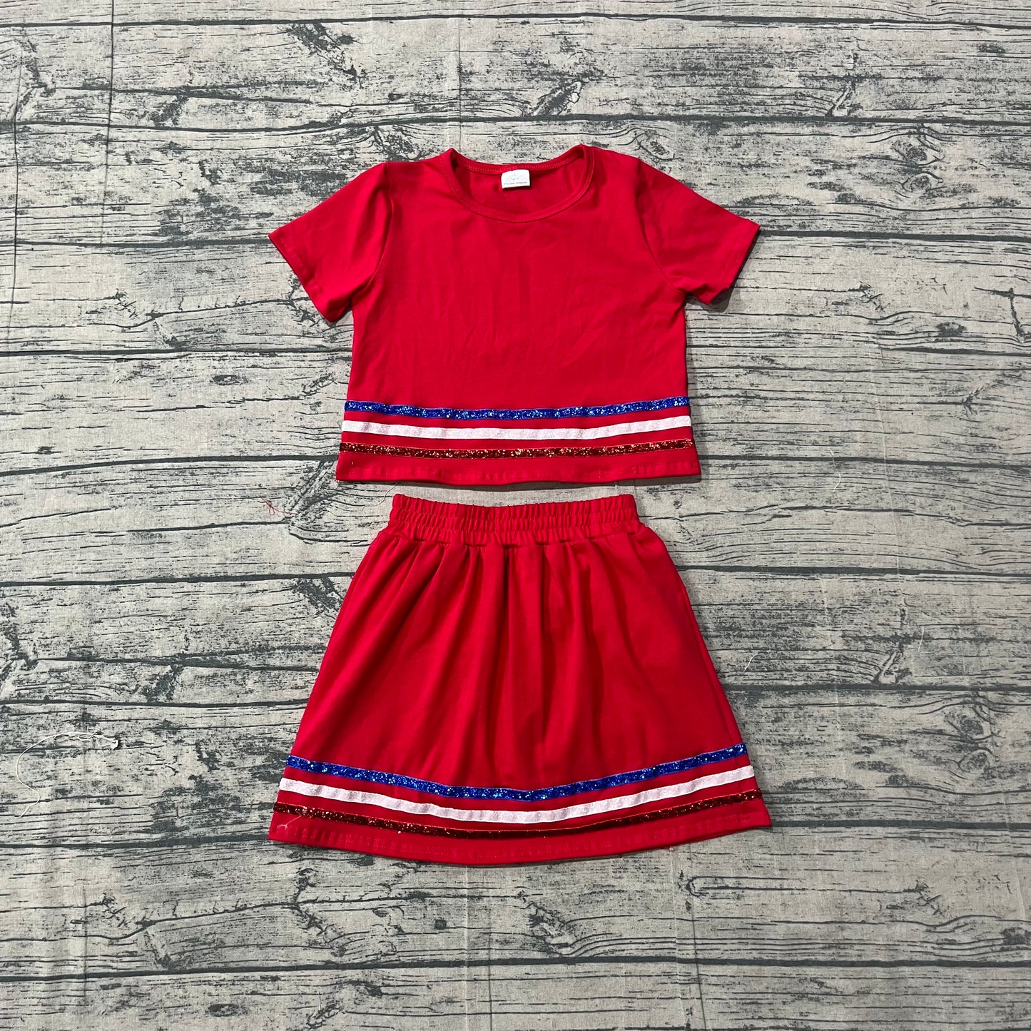 Red short sleeves stripe cotton top skirt kids girls outfits