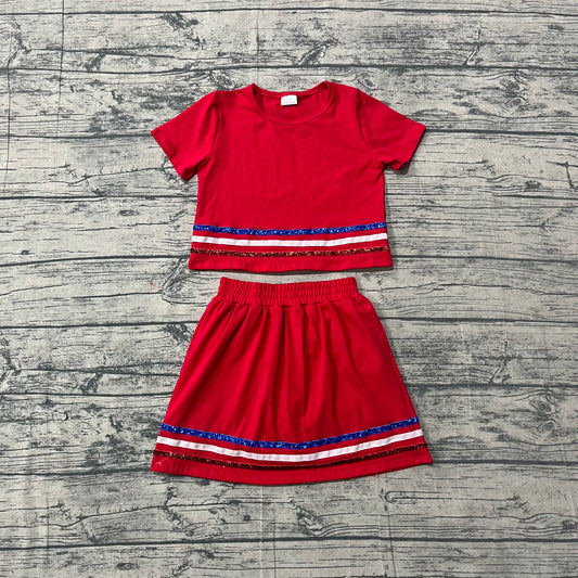 Red short sleeves stripe cotton top skirt kids girls outfits