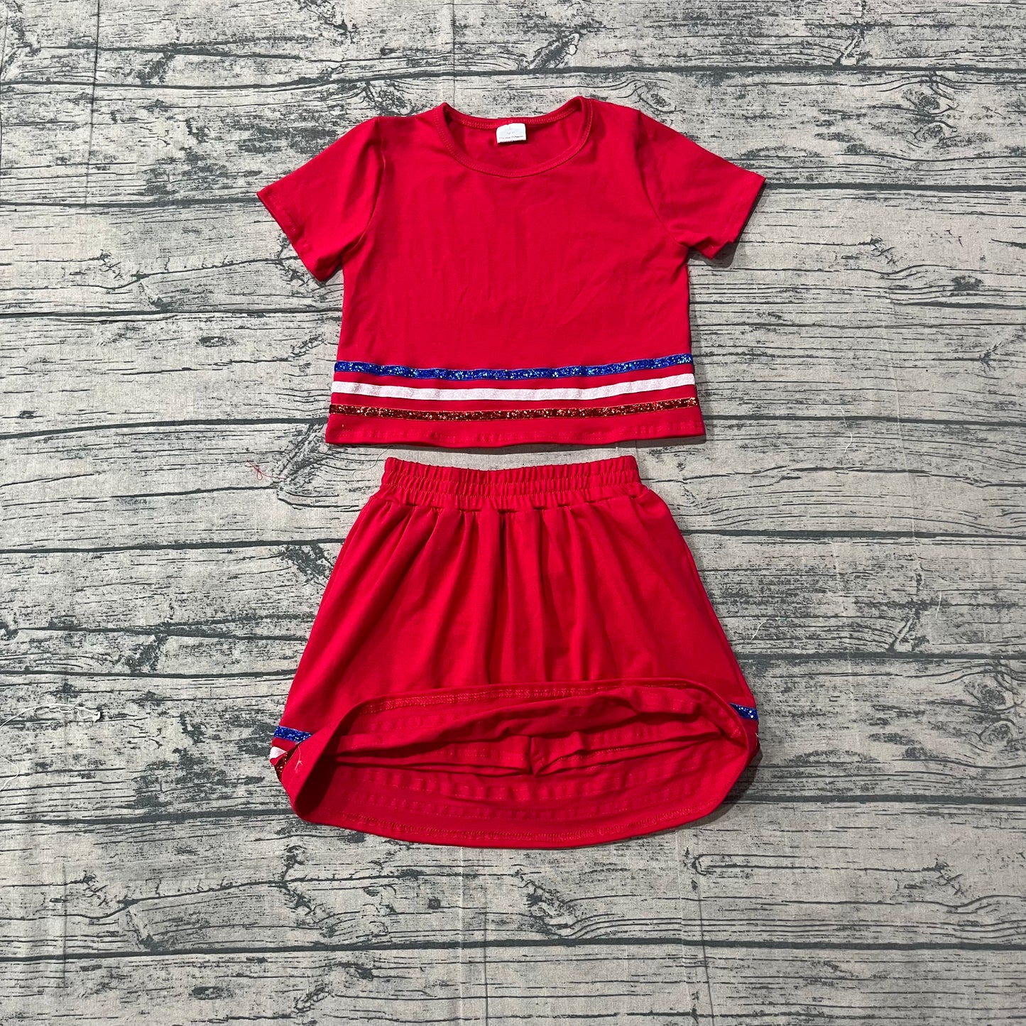 Red short sleeves stripe cotton top skirt kids girls outfits