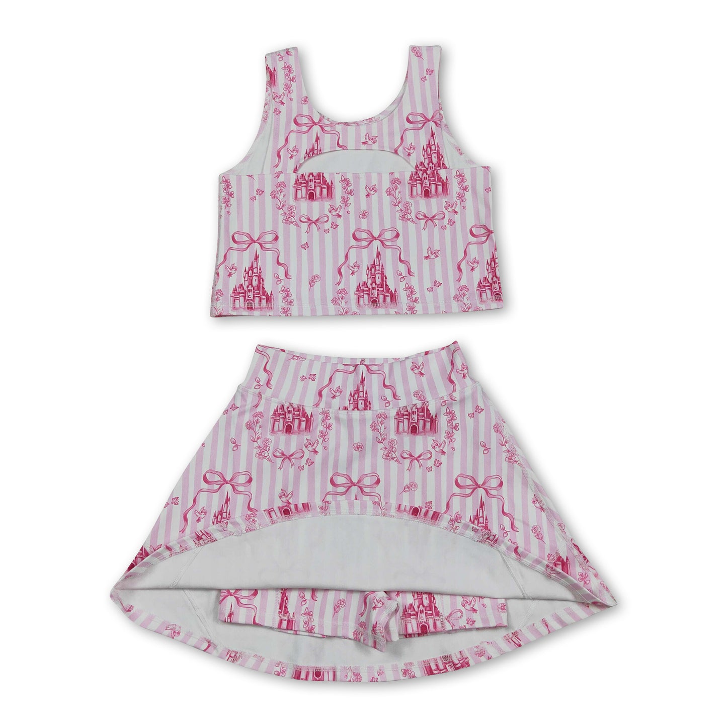 Pink stripe castle crop top bow skirt girls summer active set