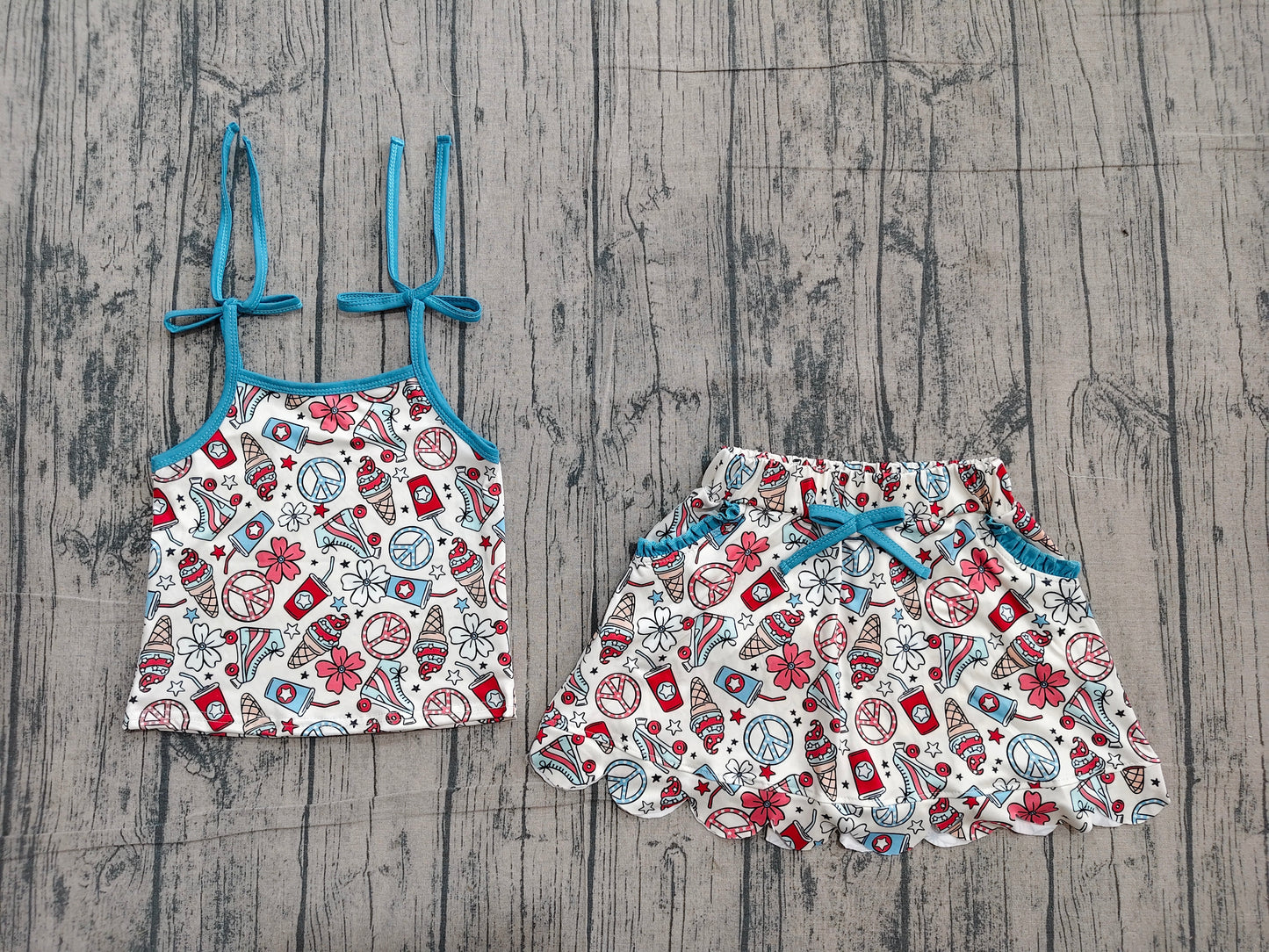 Straps floral ice cream top skirt girls 4th of july outfits