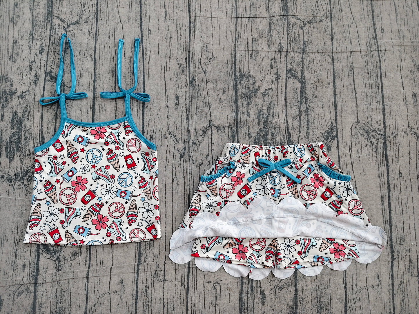 Straps floral ice cream top skirt girls 4th of july outfits