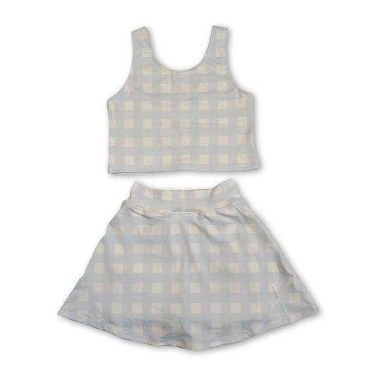 Sleeveless sky blue plaid crop top skirt kids girls active set