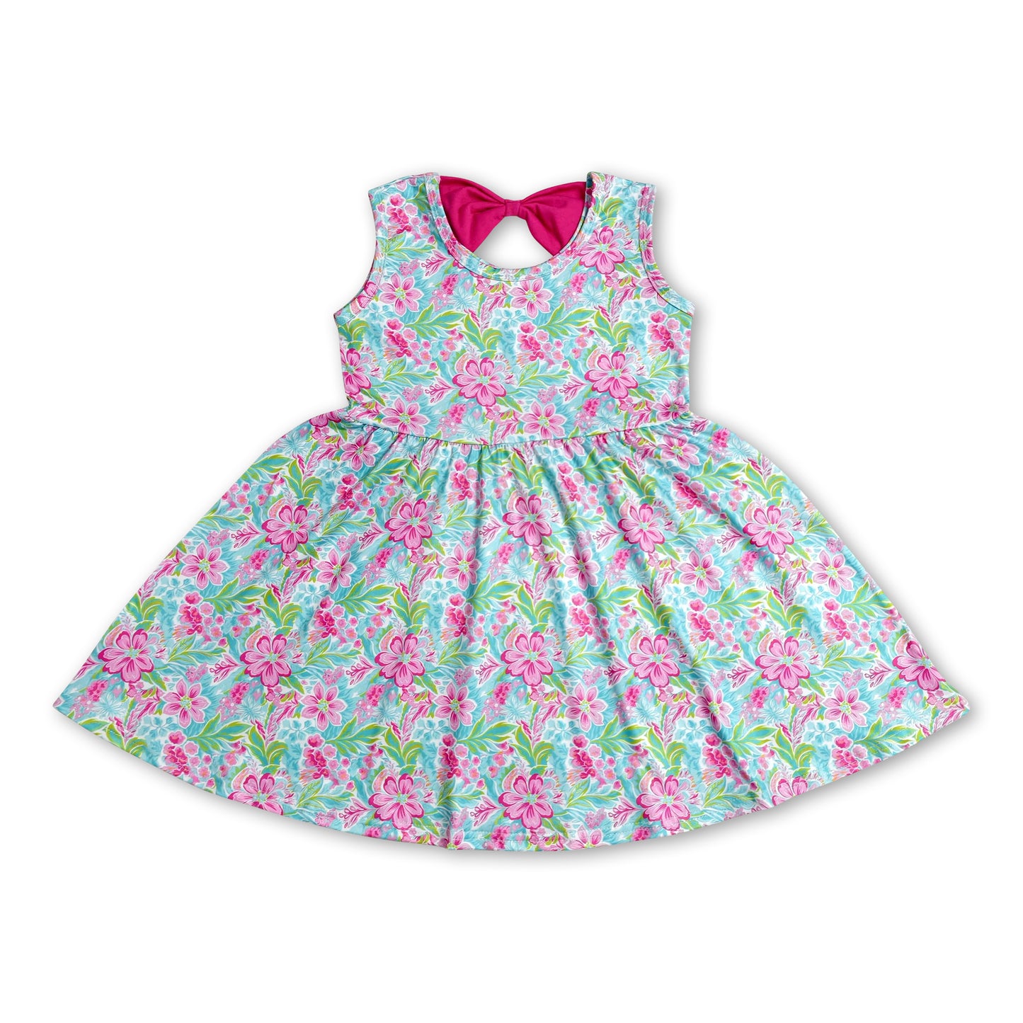 Sleeveless pink floral bow kids girls summer dress