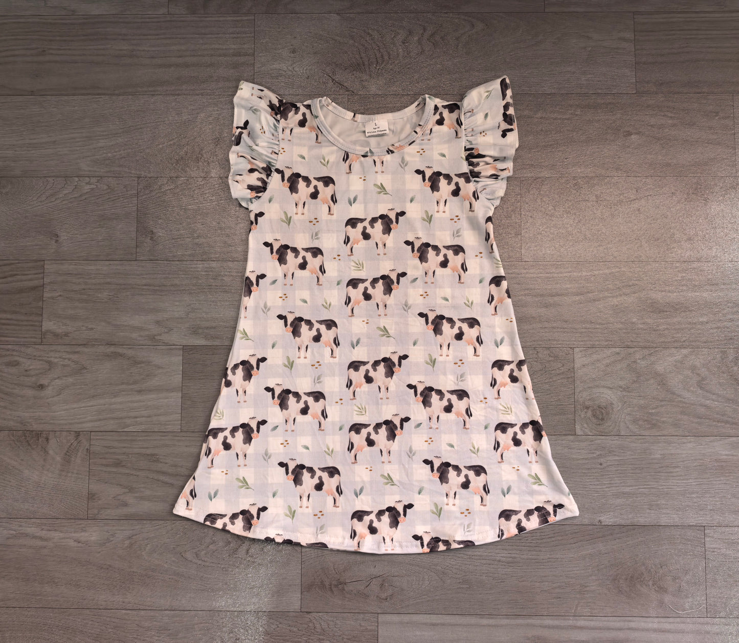 Flutter sleeves light blue plaid cow baby girls farm dress