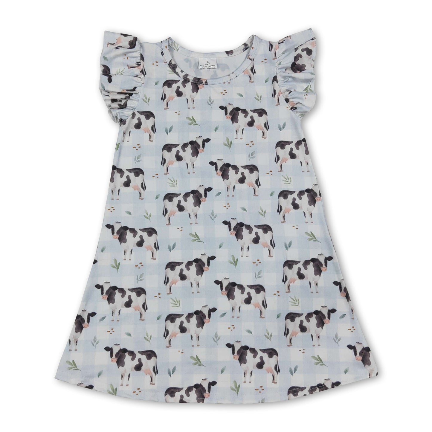 Flutter sleeves light blue plaid cow baby girls farm dress