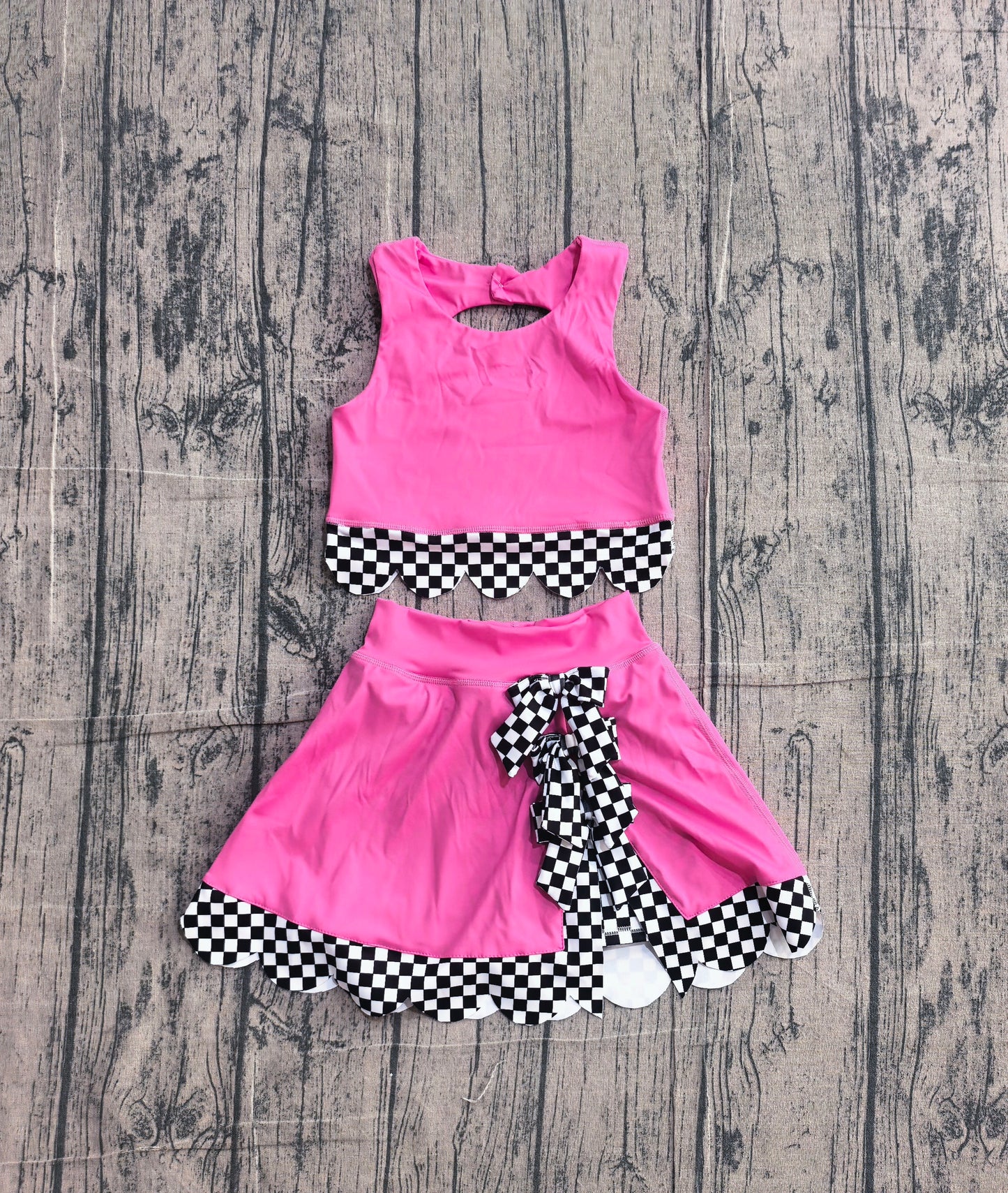 Sleeveless plaid scallop hot pink top skirt girls active wear set