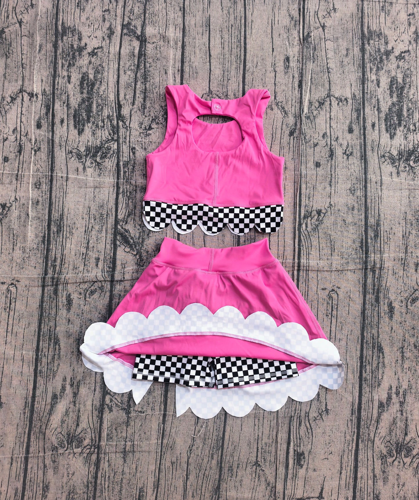 Sleeveless plaid scallop hot pink top skirt girls active wear set