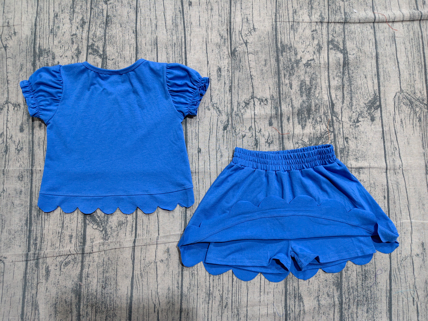 Blue short sleeves scallop top skirt girls summer set