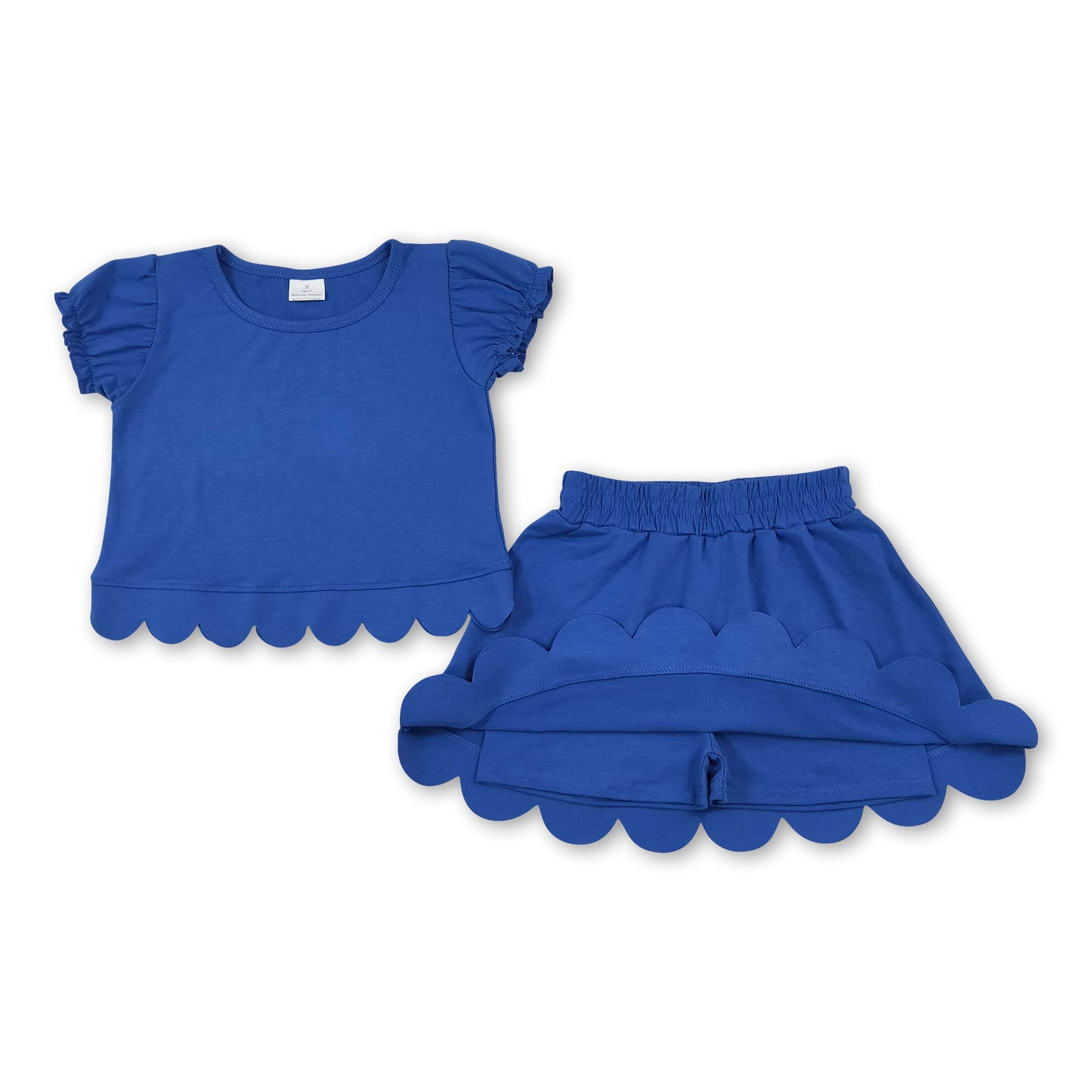 Blue short sleeves scallop top skirt girls summer set