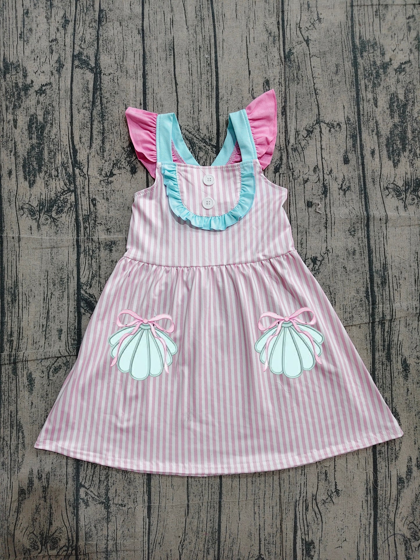 Flutter sleeves shell bow embroidery stripe girls dresses