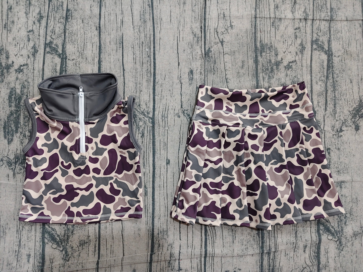 Sleeveless camo pullover pleated skirt girls active wear set