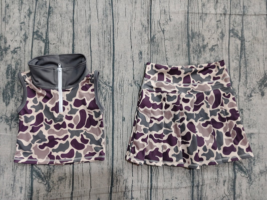 Sleeveless camo pullover pleated skirt girls active wear set