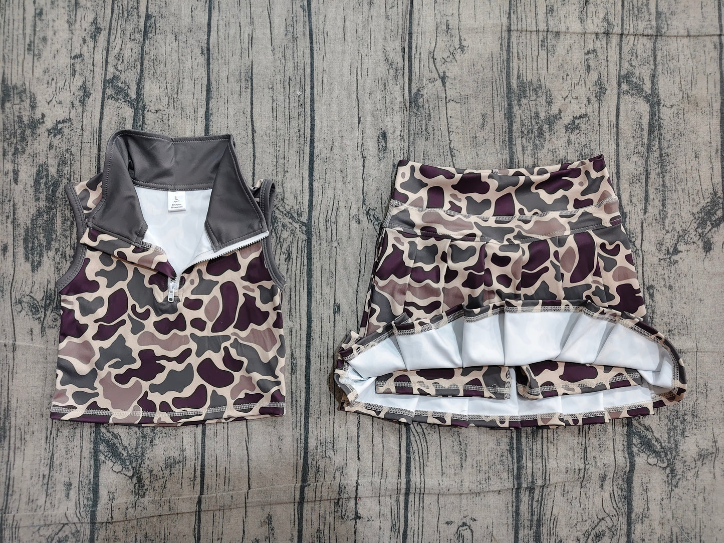 Sleeveless camo pullover pleated skirt girls active wear set