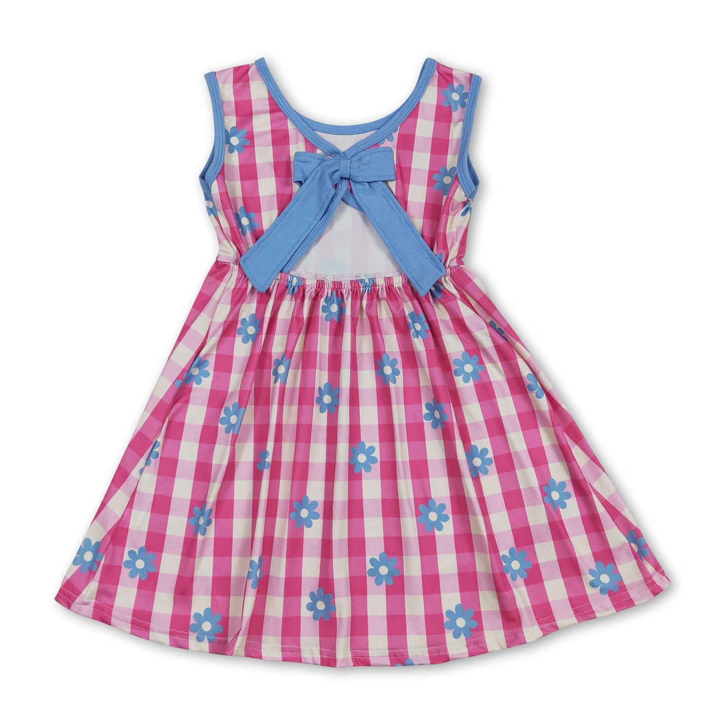Hot pink plaid floral sleeveless kids girls dresses