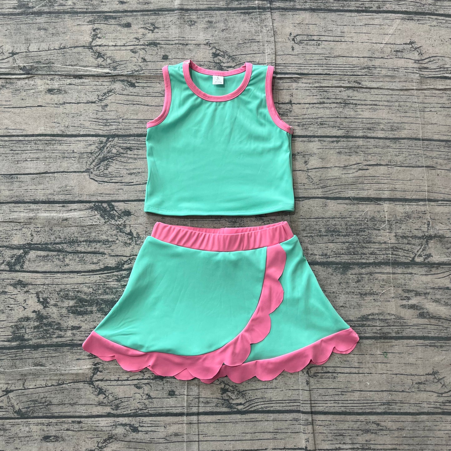 Sleeveless mint pink scallop kids girls active wear set