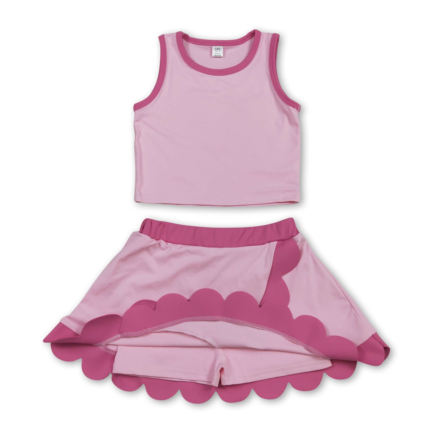 Sleeveless pink hot pink scallop kids girls active wear set
