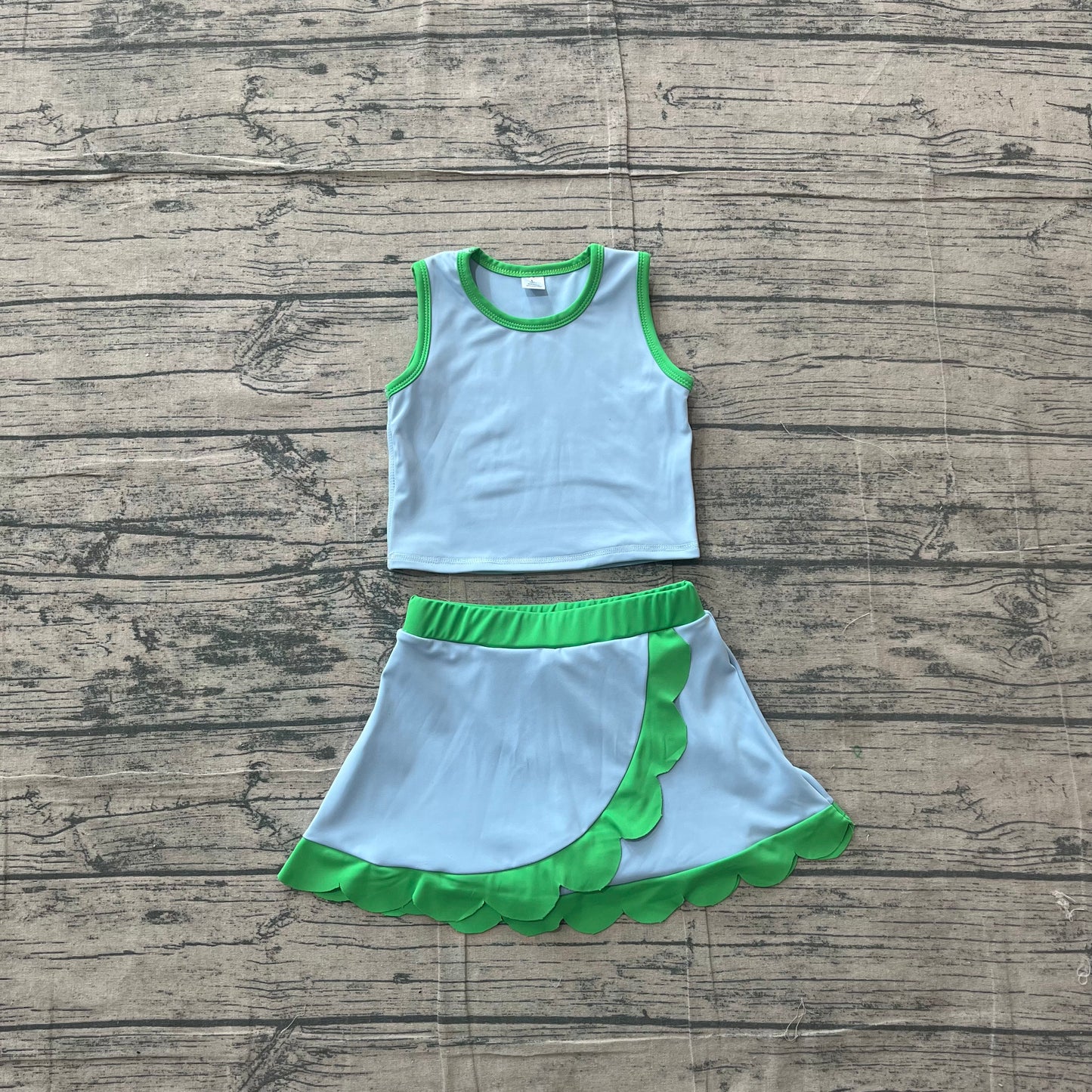Sleeveless light blue green scallop kids girls active wear set