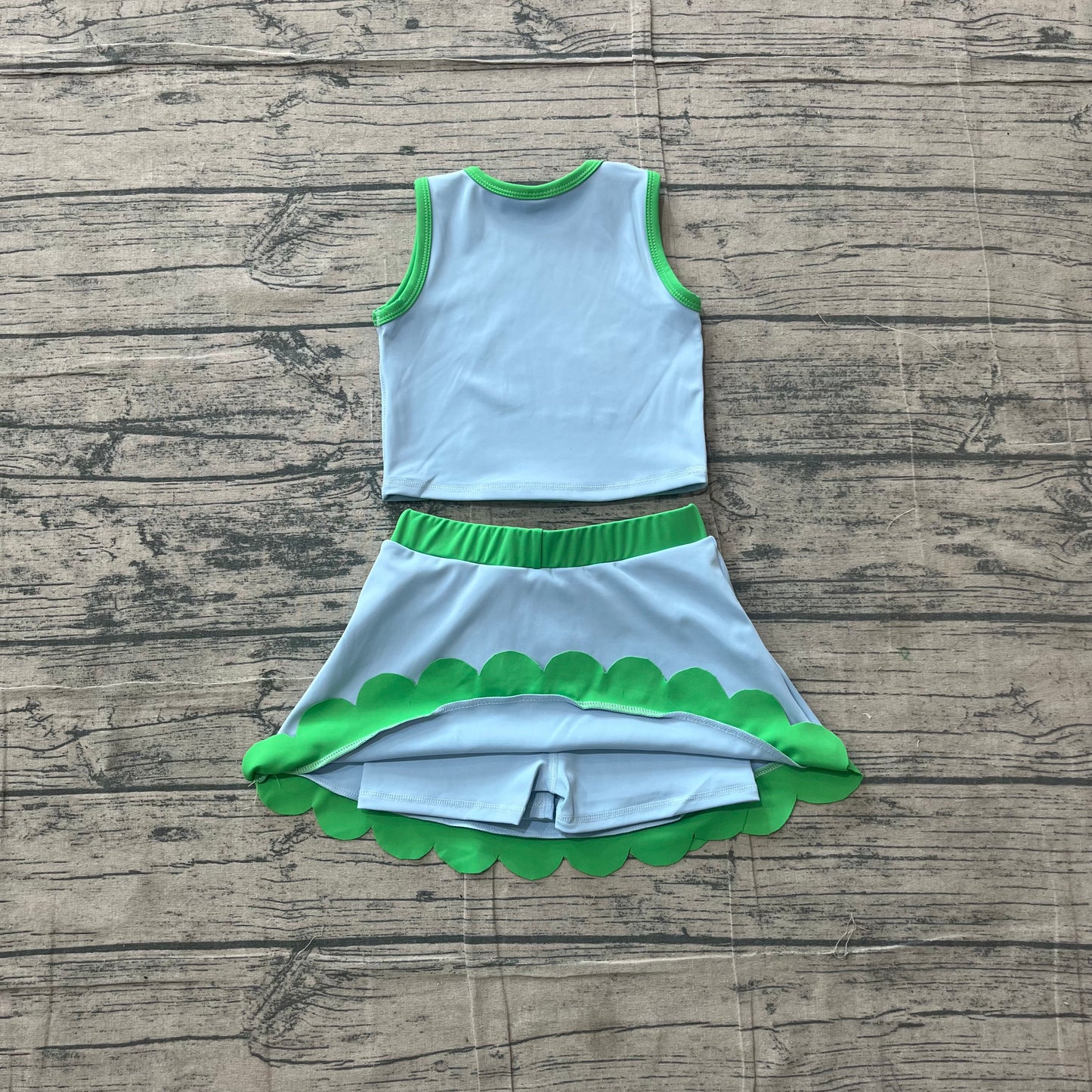 Sleeveless light blue green scallop kids girls active wear set