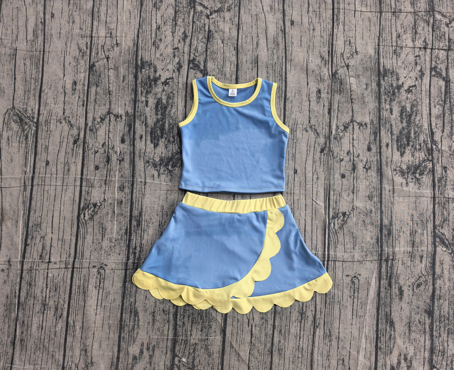 Sleeveless blue yellow scallop kids girls active wear set