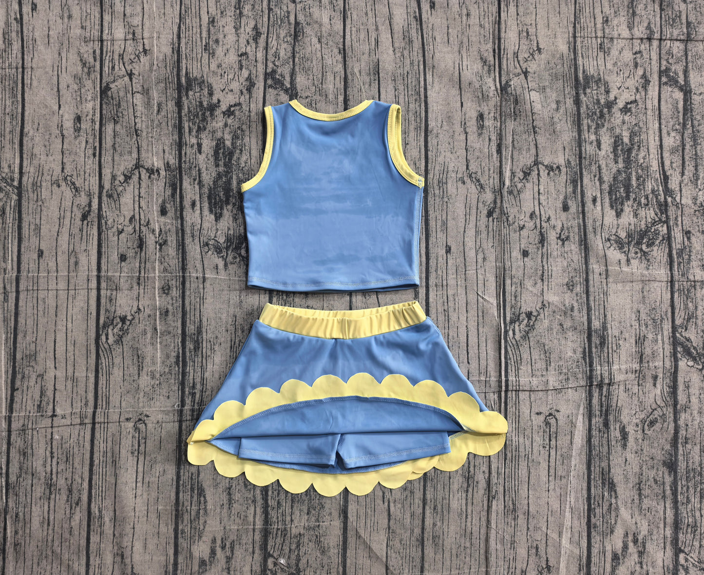 Sleeveless blue yellow scallop kids girls active wear set