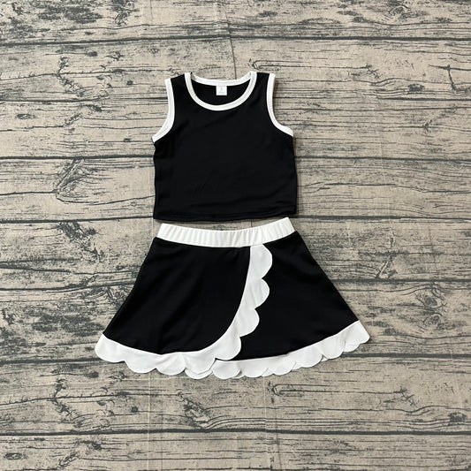 Sleeveless black white scallop kids girls active wear set