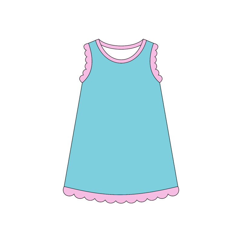 Pink scallop ruffle sleeveless aqua girls cotton dress