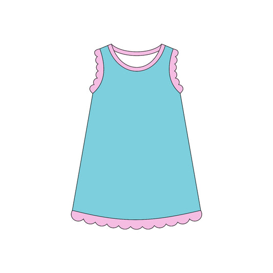 Pink scallop ruffle sleeveless aqua girls cotton dress