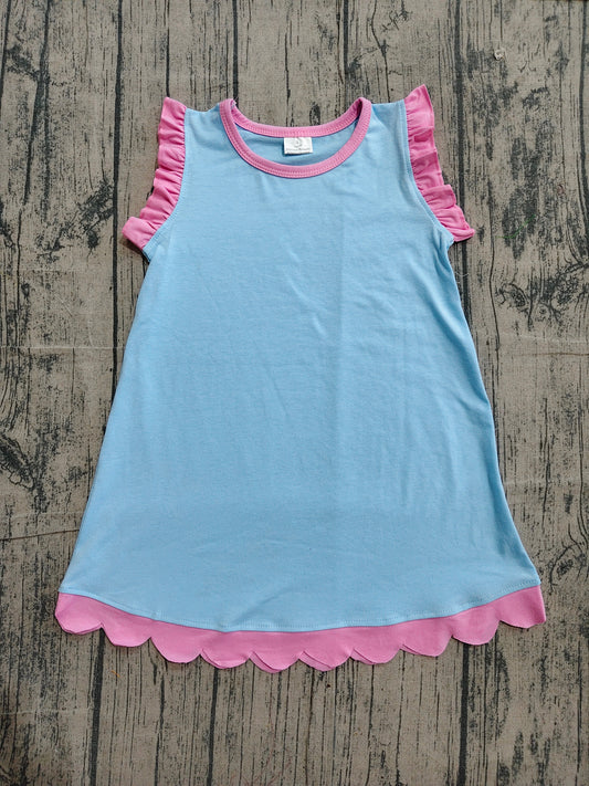 Pink scallop ruffle sleeveless light blue girls cotton dress