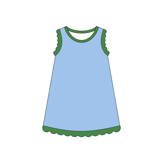 Green scallop ruffle sleeveless light blue girls cotton dress