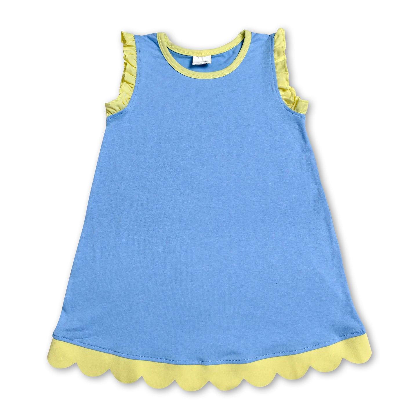 Yellow scallop ruffle sleeveless blue girls cotton dress