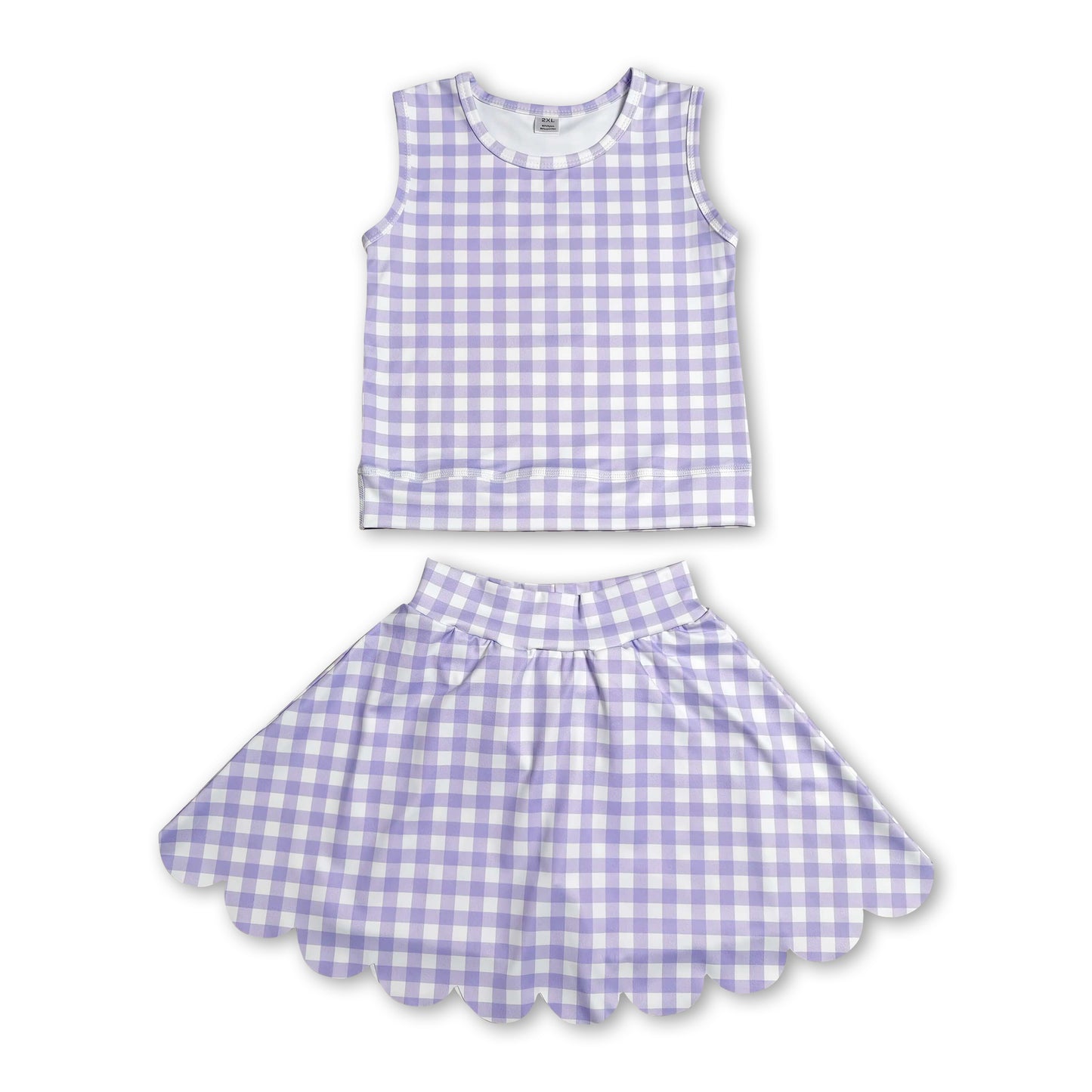 Sleeveless lavender plaid top scallop skirt girls active set