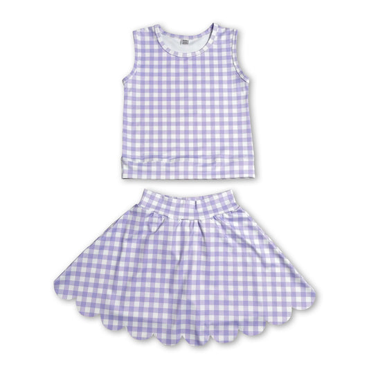 Sleeveless lavender plaid top scallop skirt girls active set