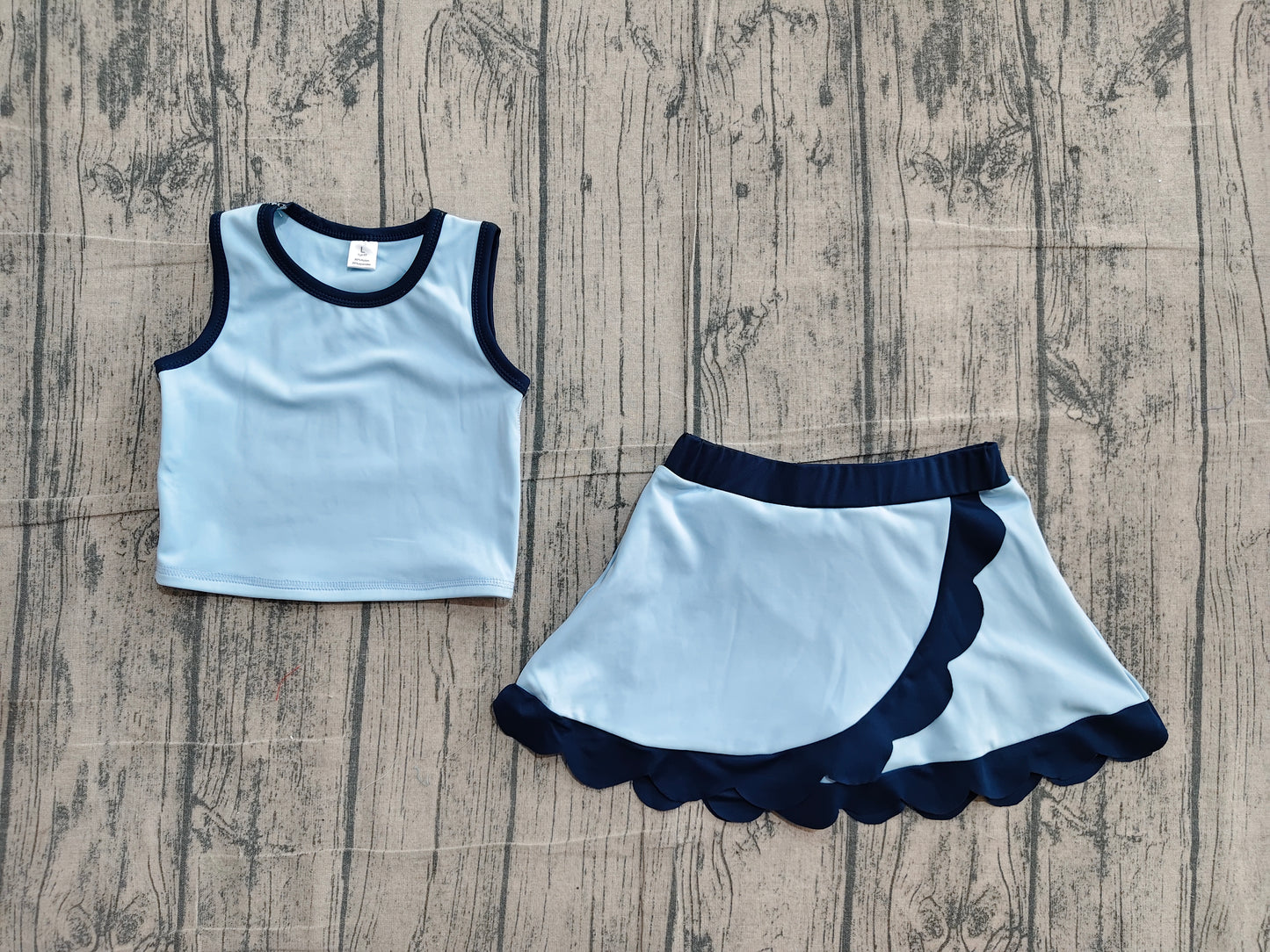 Sleeveless blue dog scallop girls summer active wear set