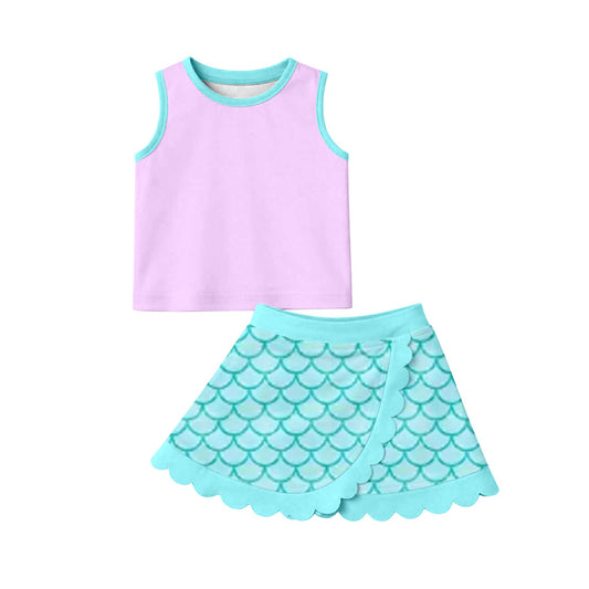 Sleeveless scallop mermaid scale girls active wear set