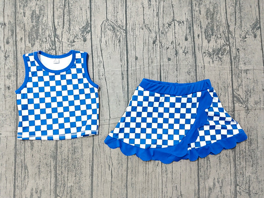 Scallop blue plaid girls summer team active wear set