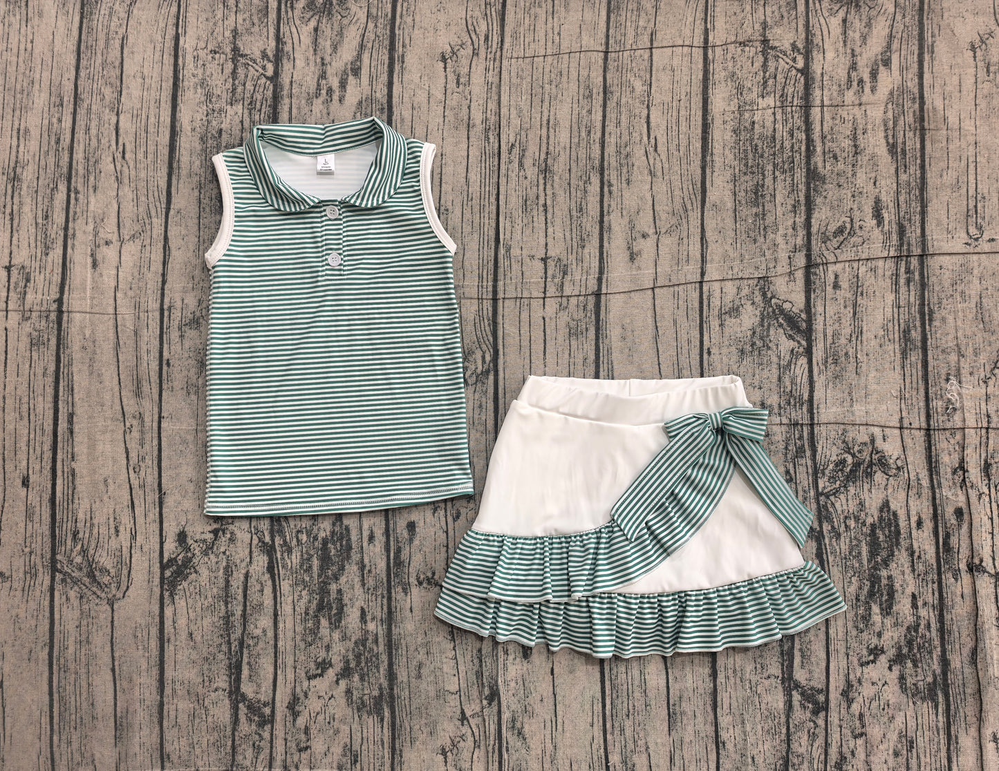 Sleeveless green stripe polo shirt skirt girls team outfits