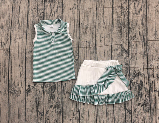 Sleeveless green stripe polo shirt skirt girls team outfits