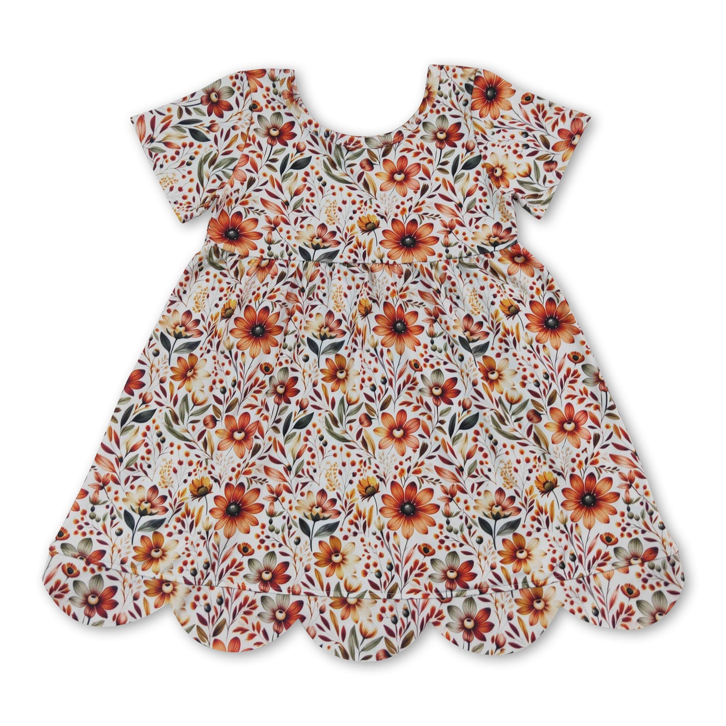 Short sleeves floral scallop kids girls summer dress