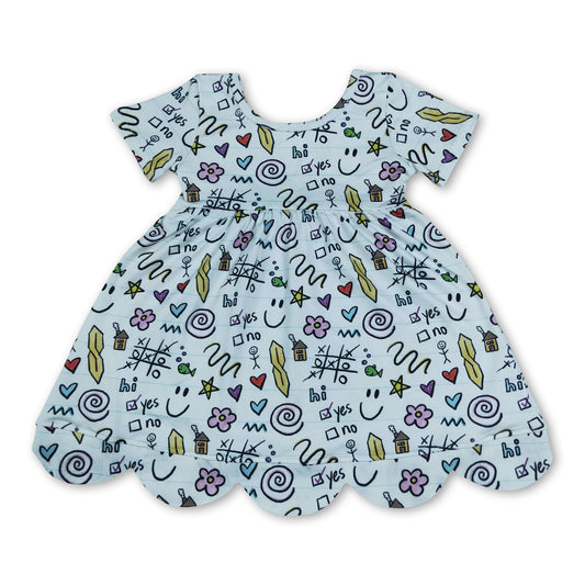 Short sleeves heart letters scallop kids girls back to school dress