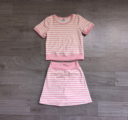 Short sleeves pink stripe top skirt girls active wear outfits