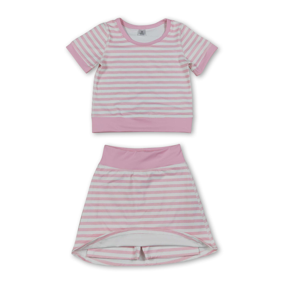 Short sleeves pink stripe top skirt girls active wear outfits