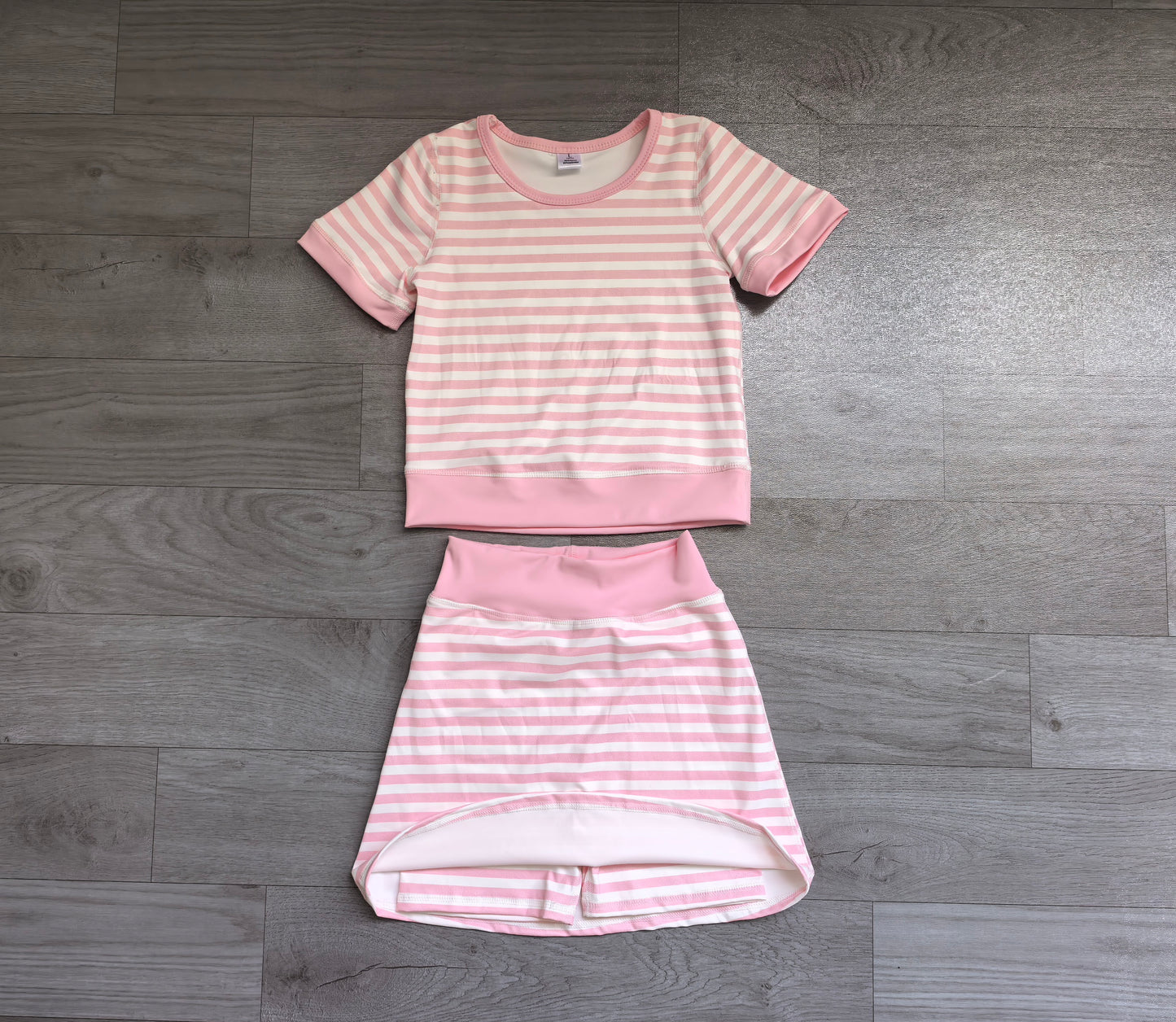Short sleeves pink stripe top skirt girls active wear outfits
