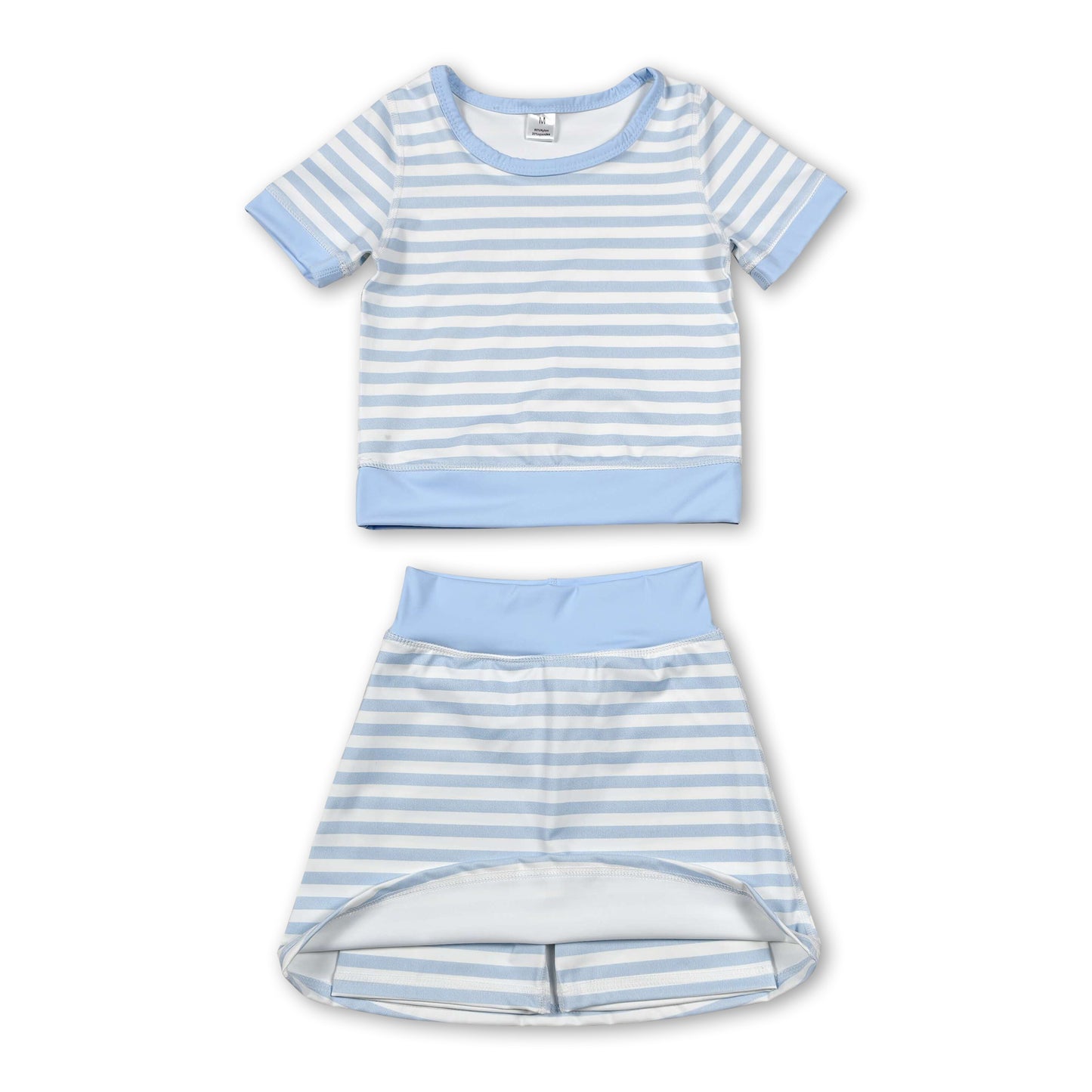 Short sleeves light blue stripe top skirt girls active wear set